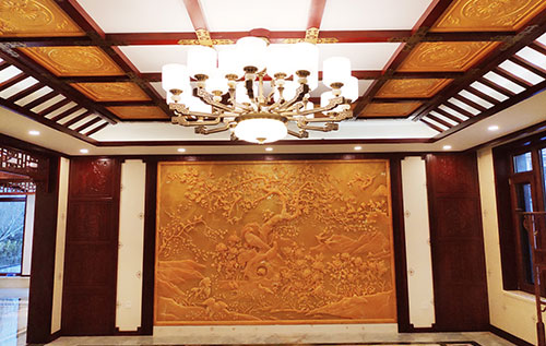 潮阳中式别墅客厅中式木作横梁吊顶装饰展示